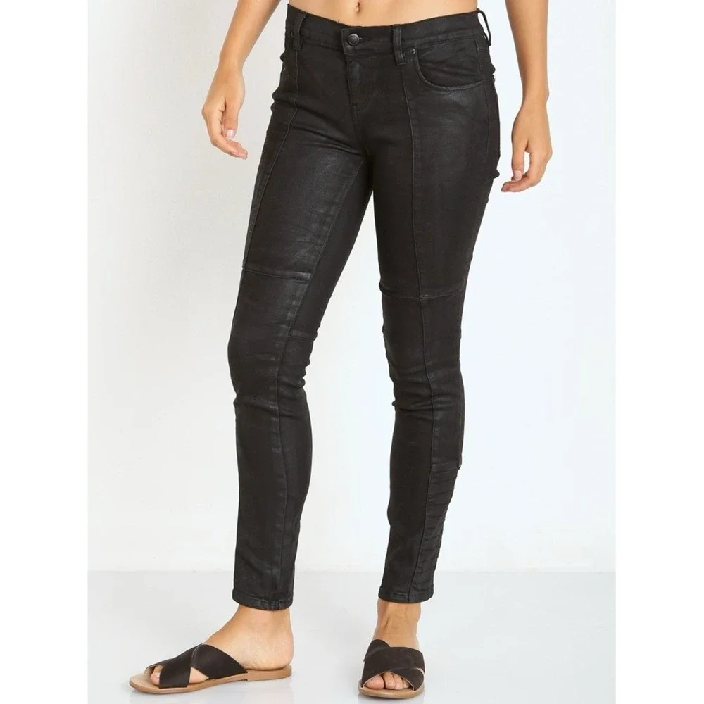 FREE PEOPLE Jillian Coated Moto Skinny Jeans Black Size 26